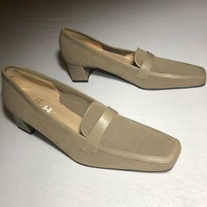 Stuart Weitzman Beige Leather-Trim Block Heel Loafers